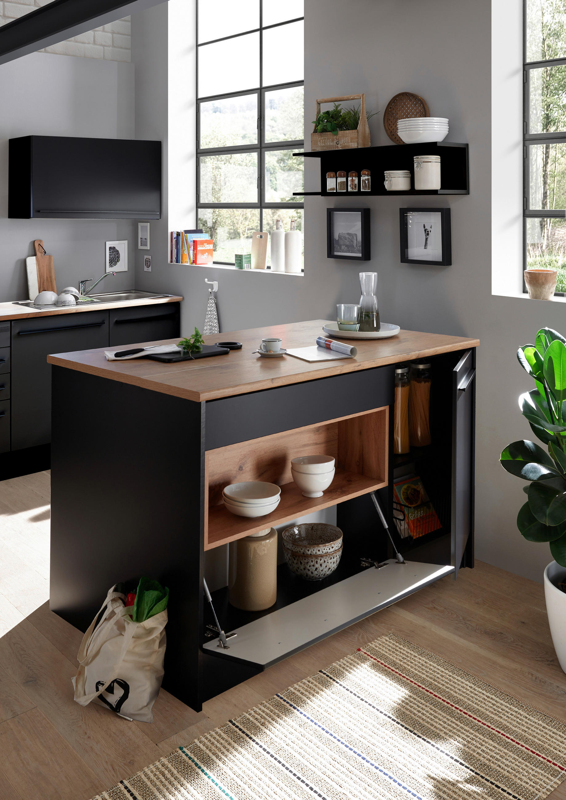 INSULĂ DE BUCĂTĂRIE 145/90/90 cm  - culoare lemn stejar/negru, Konventionell, plastic/material pe bază de lemn (145/90/90cm) - Xora
