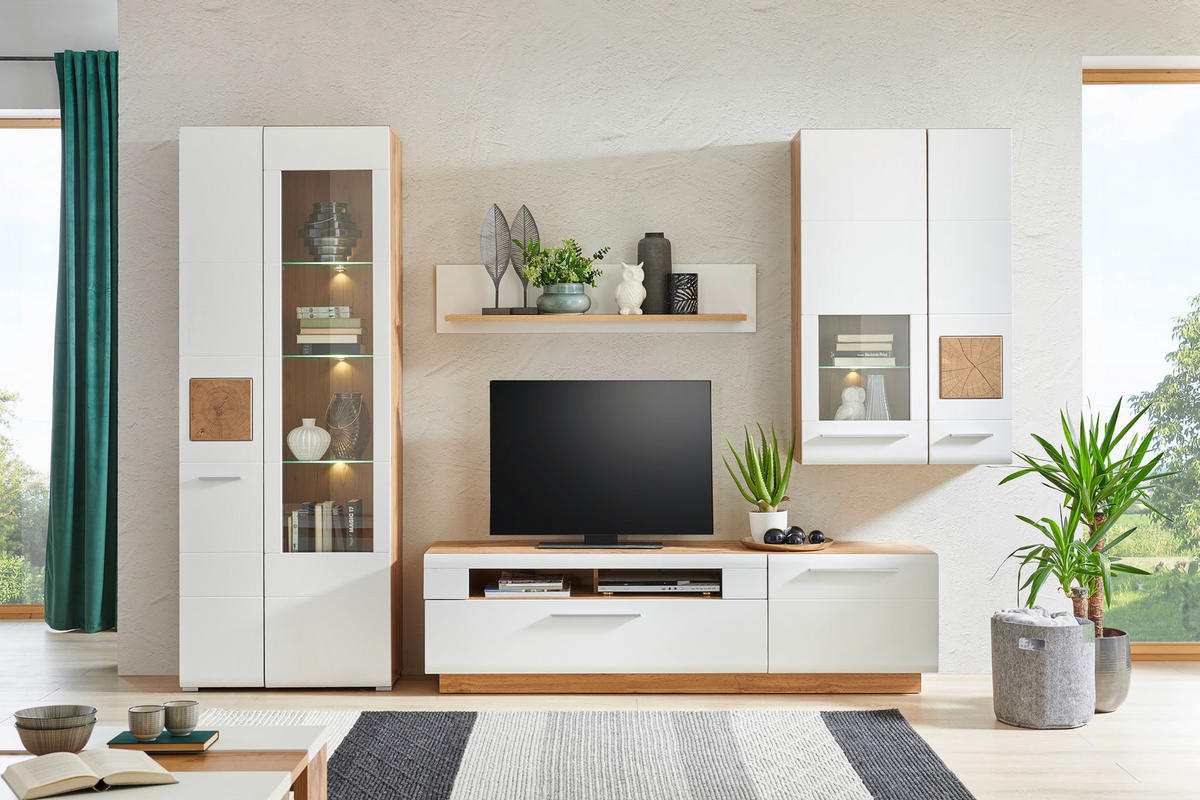 WOHNWAND  in Weiß, Eichefarben  300/202/46 cm  - Chromfarben/Eichefarben, KONVENTIONELL, Glas/Holzwerkstoff (300/202/46cm) - Hom`in