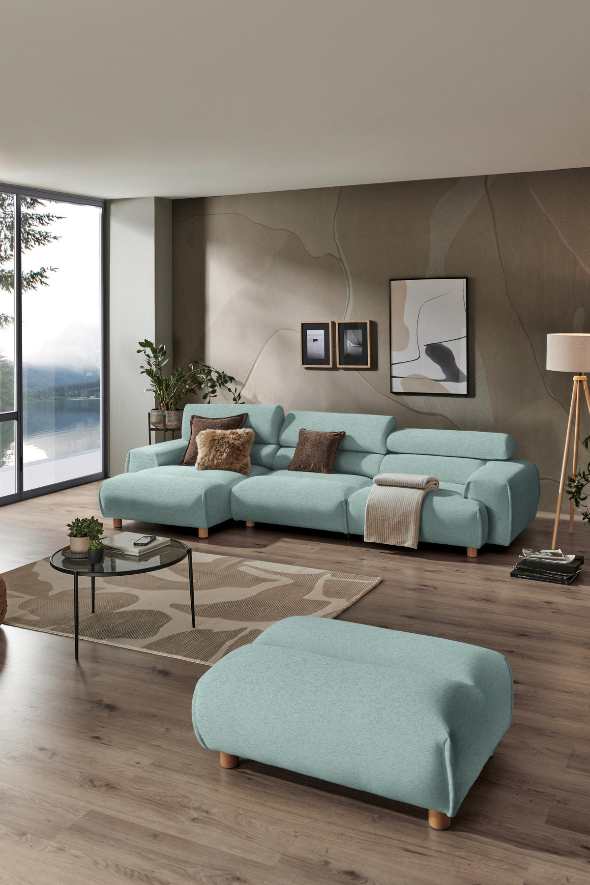 ECKSOFA  in Velours Mintgrün  150/329 cm  - Mintgrün, Natur, Holz/Textil (150/329cm) - Lomoco