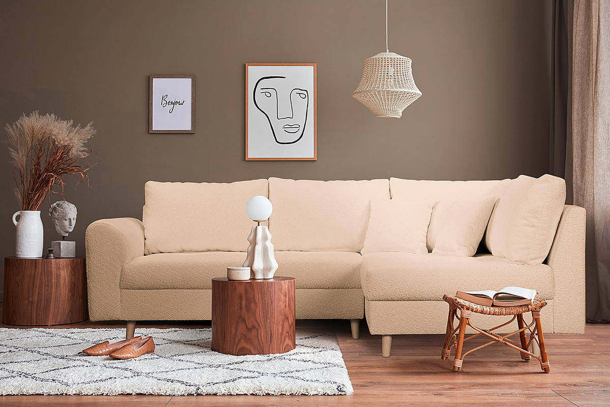 ECKSOFA inkl. Hocker Ariella Beige Bouclé  - Beige/Naturfarben, Design, Holz/Textil (231/161cm) - Livetastic