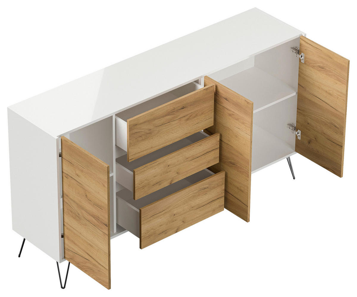 SIDEBOARD Posseik Industrial 177/93,6/42 cm 3 Schublade(n)  - Eichefarben/Weiß Hochglanz, Design, Holzwerkstoff/Metall (177/93,6/42cm) - P & B