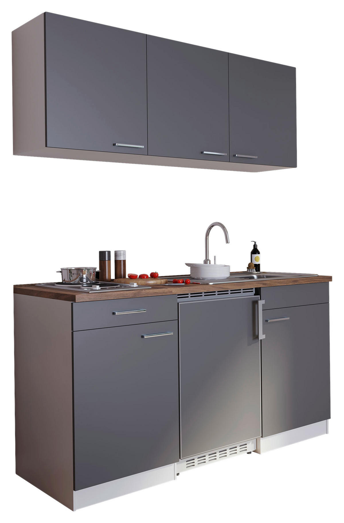 MINIKÜCHE 150 cm   in Grau  - Edelstahlfarben/Nussbaumfarben, Basics, Holzwerkstoff/Kunststoff (150cm) - Respekta