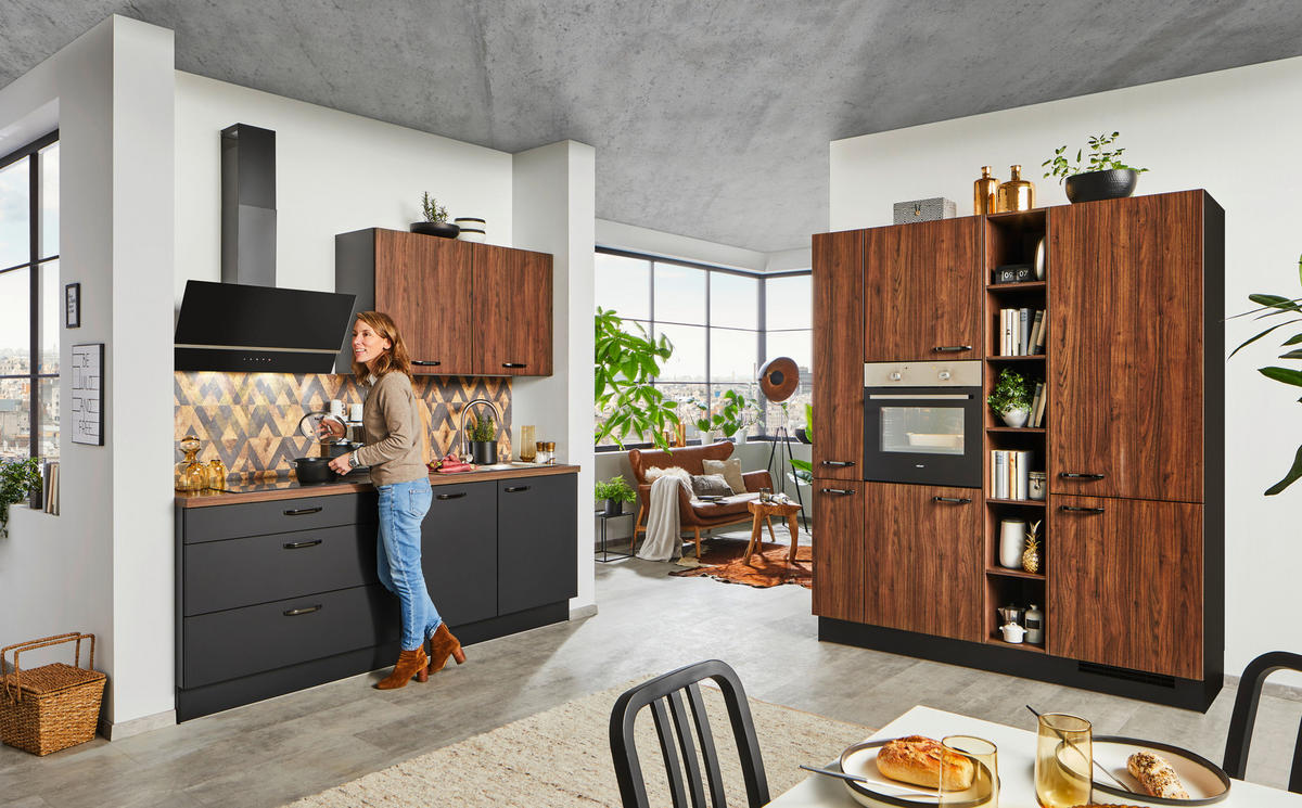 EINBAUKÜCHE   - Nussbaumfarben/Schwarz, Design, Holzwerkstoff - Celina