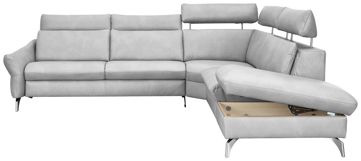 ECKSOFA in Echtleder Hellgrau  - Edelstahlfarben/Hellgrau, Konventionell, Leder/Metall (296/242cm) - Himolla Komfortklass
