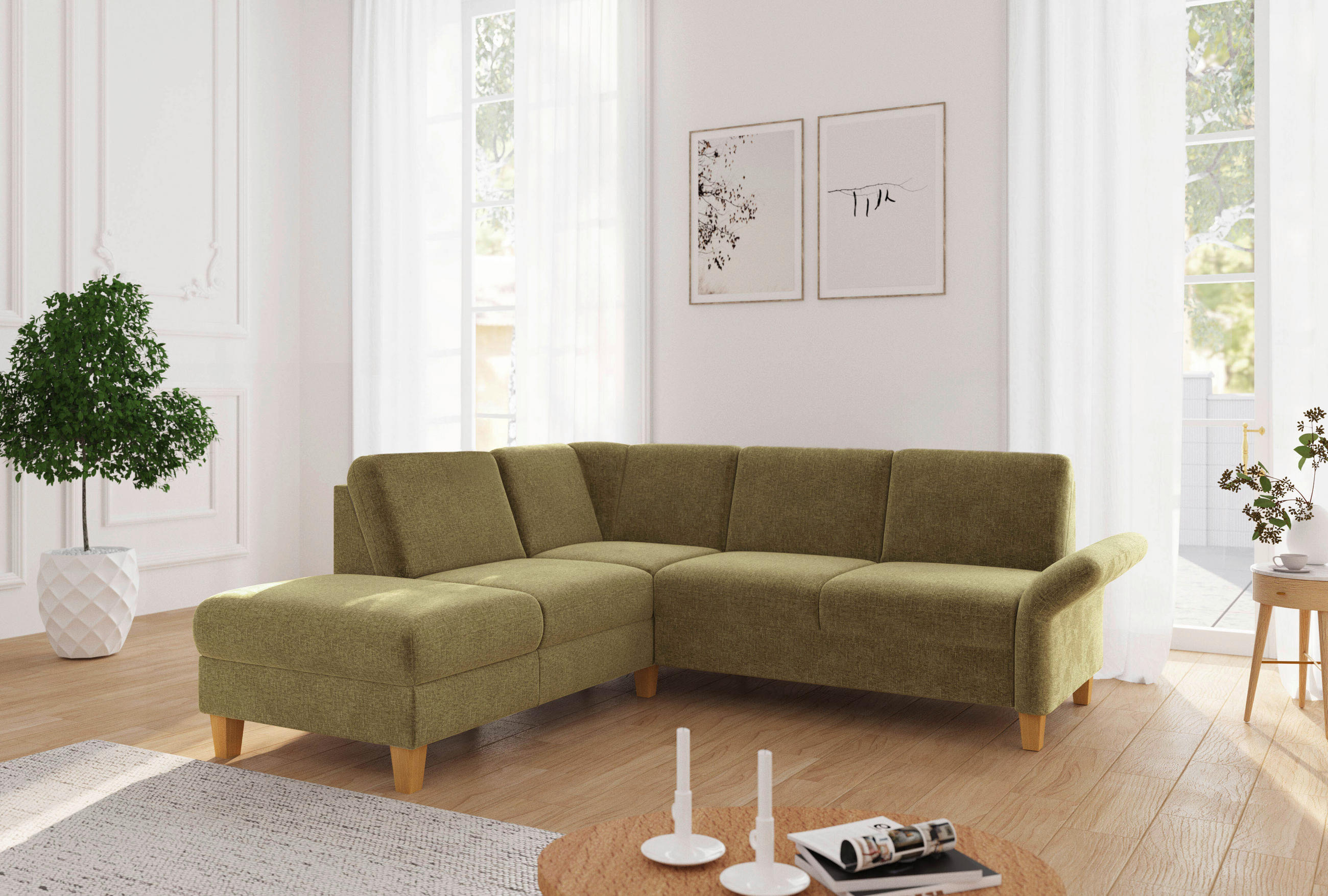 ECKSOFA ROCHELLE E Olivgrün Flachgewebe  - Eichefarben/Olivgrün, KONVENTIONELL, Holz/Textil (216/240cm) - Sit & More