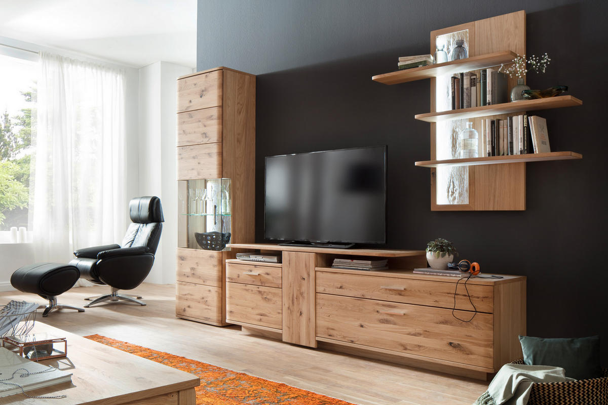 WOHNWAND  in Eichefarben  320/208/45 cm  - Eichefarben/Schwarz, Design, Glas/Holz (320/208/45cm) - Livetastic