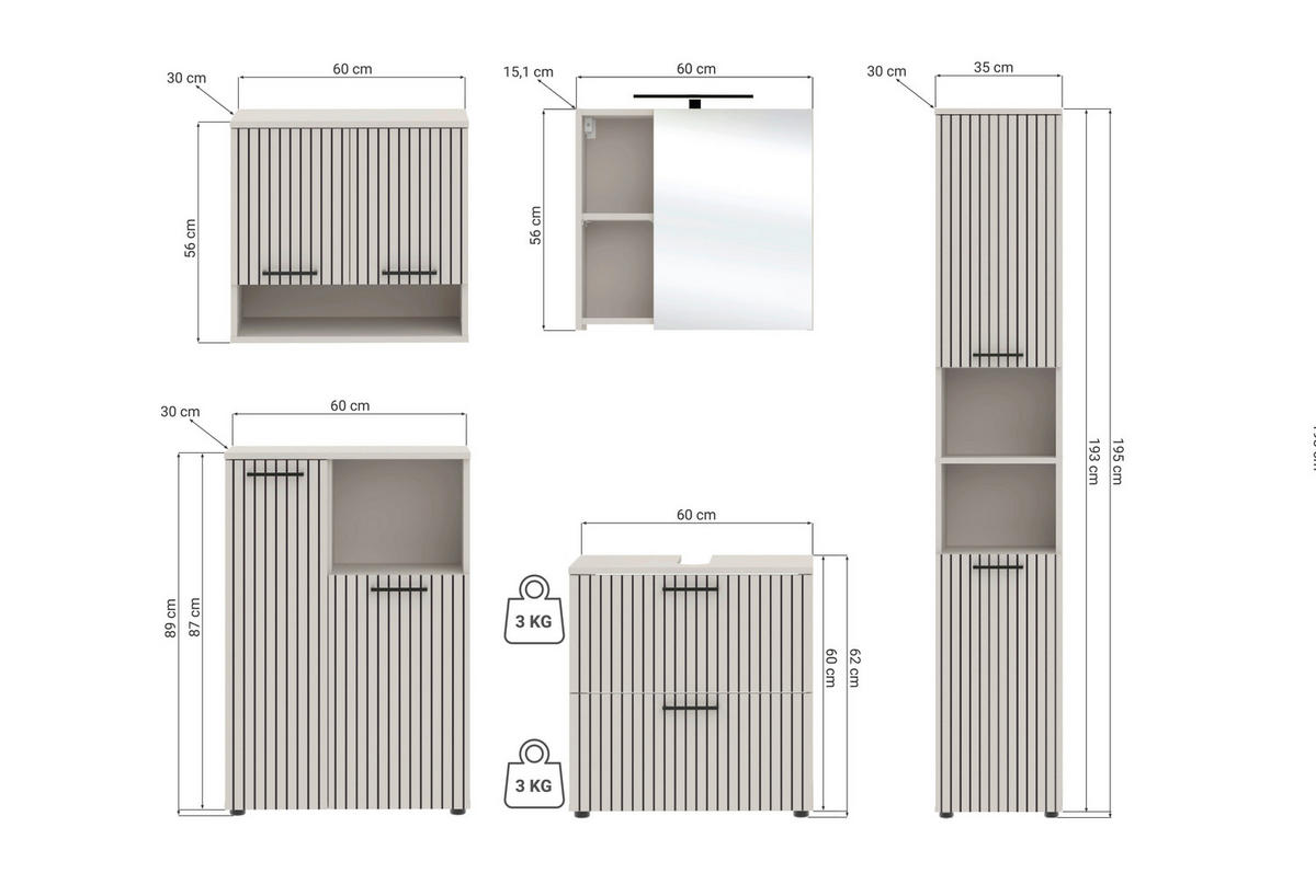 BADEZIMMER 5-teilig  in 185 cm  - Kaschmir/Schwarz, Trend, Glas/Holzwerkstoff (185cm) - Respekta