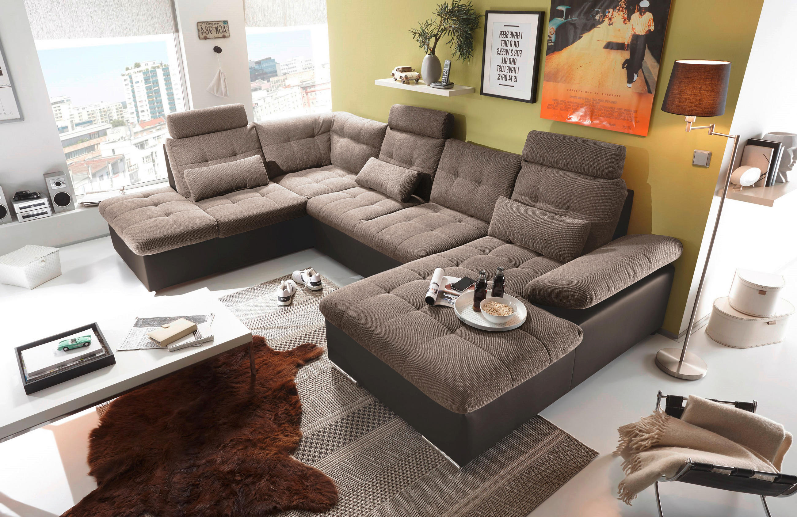 WOHNLANDSCHAFT Dunkelbraun, Hellbraun Webstoff  - Hellbraun/Dunkelbraun, MODERN, Textil (218/324/170cm) - MID.YOU