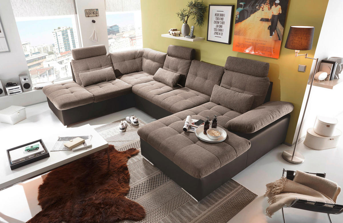 WOHNLANDSCHAFT Dunkelbraun, Hellbraun Webstoff  - Hellbraun/Dunkelbraun, MODERN, Textil (218/324/170cm) - MID.YOU