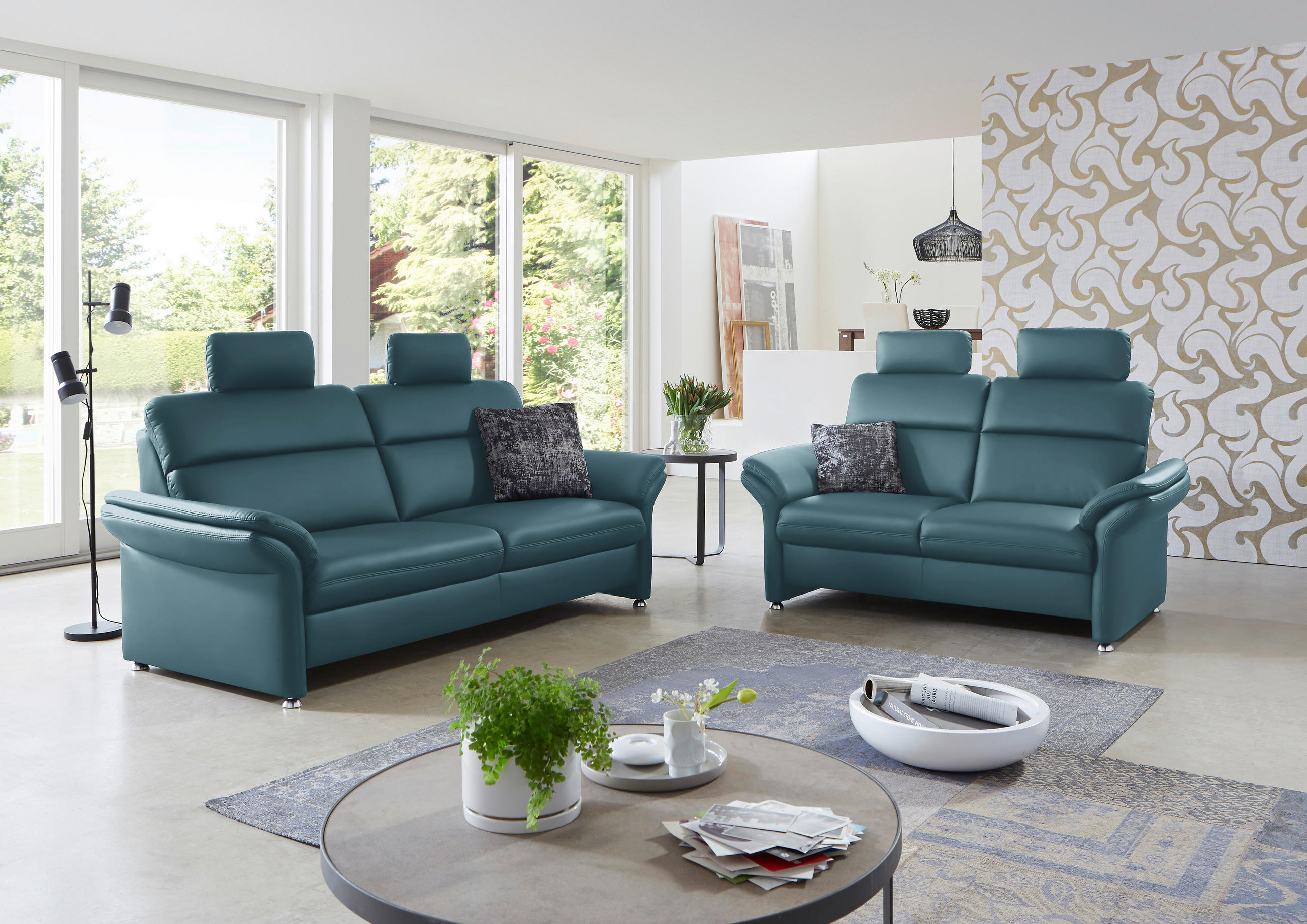 3-SITZER-SOFA in Echtleder Blau  - Blau/Alufarben, Konventionell, Leder/Metall (228/96/92cm) - Beldomo Premium