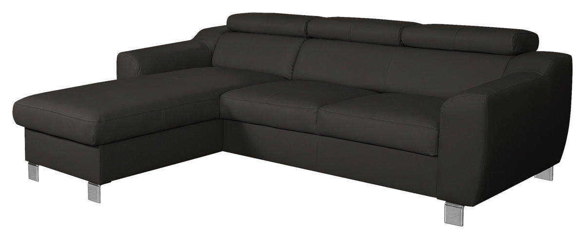 ECKSOFA Dunkelbraun Echtleder Lederlook Bettkasten, Schlaffunktion, Rücken echt, Kopfteilverstellung  - Chromfarben/Dunkelbraun, Design, Leder/Textil (176/242cm) - Livetastic
