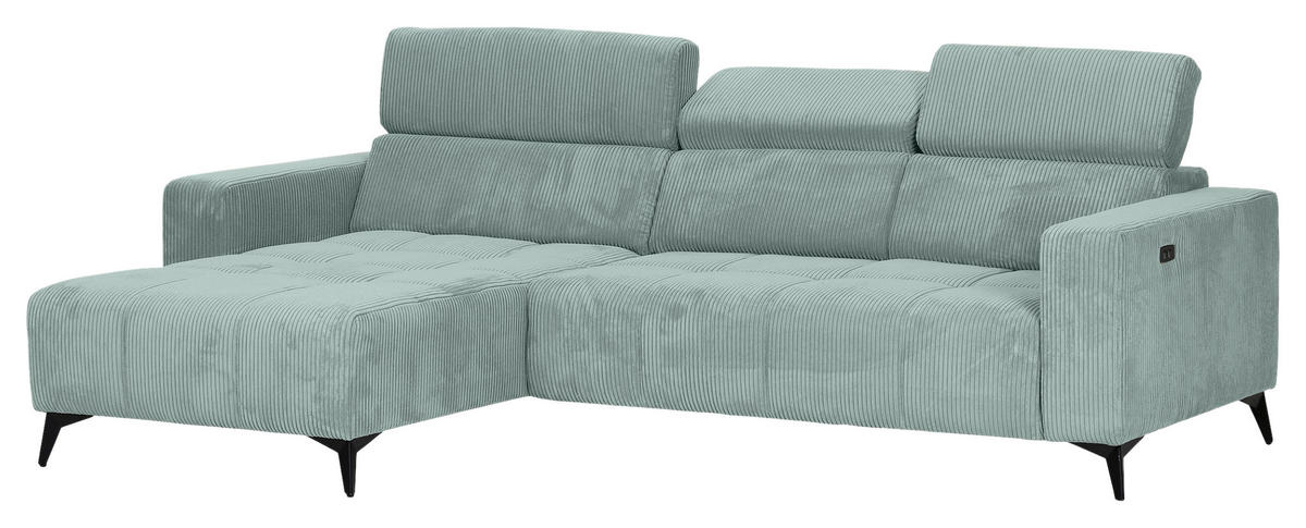 ECKSOFA Mintgrün Cord Rücken echt, Kopfteilverstellung, Sitzvorzug  - Schwarz/Mintgrün, KONVENTIONELL, Textil/Metall (170/257cm) - Carryhome