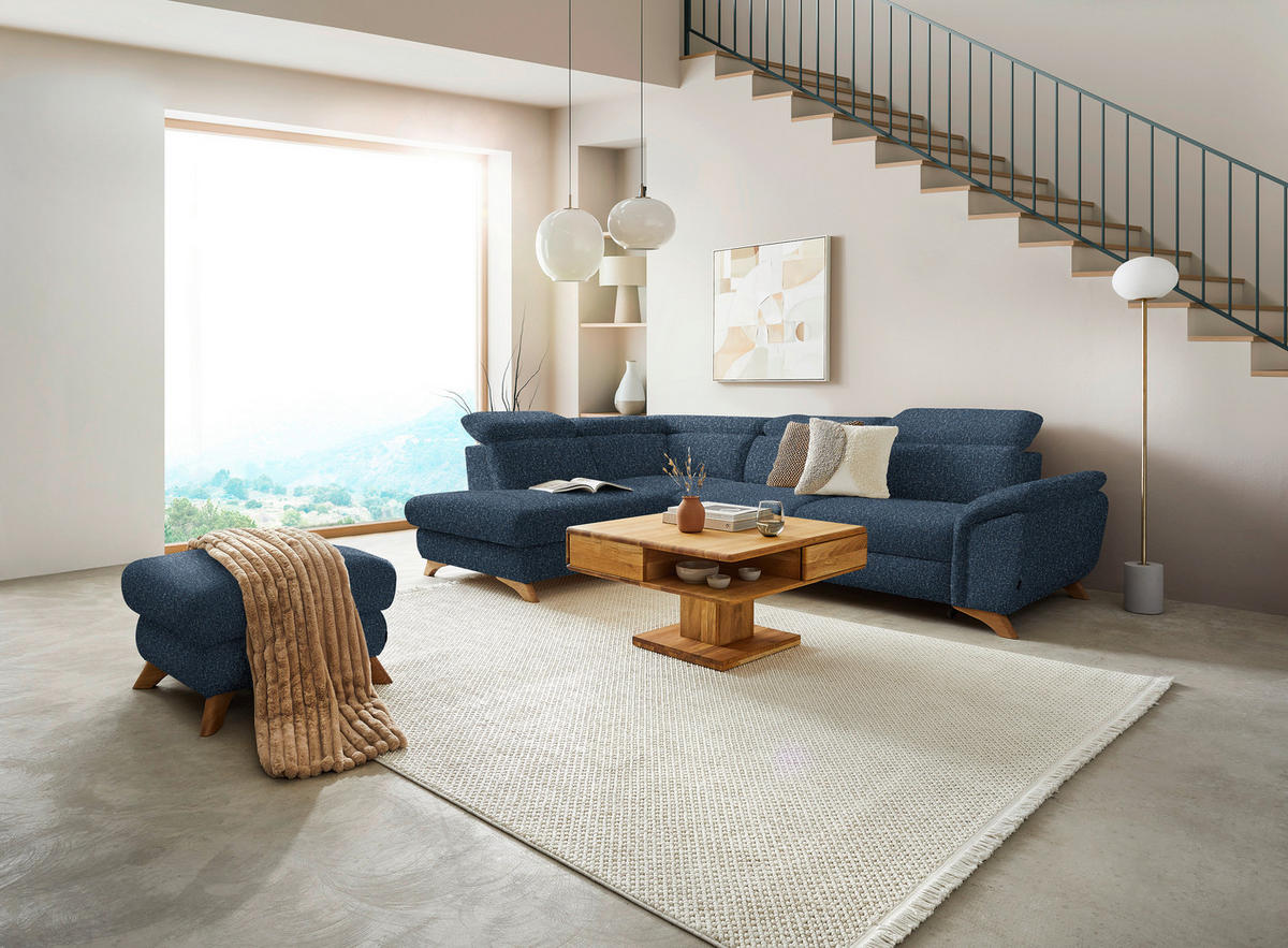 ECKSOFA in Bouclé Blau  - Blau/Eichefarben, Modern, Holz/Textil (212/287cm) - Valnatura