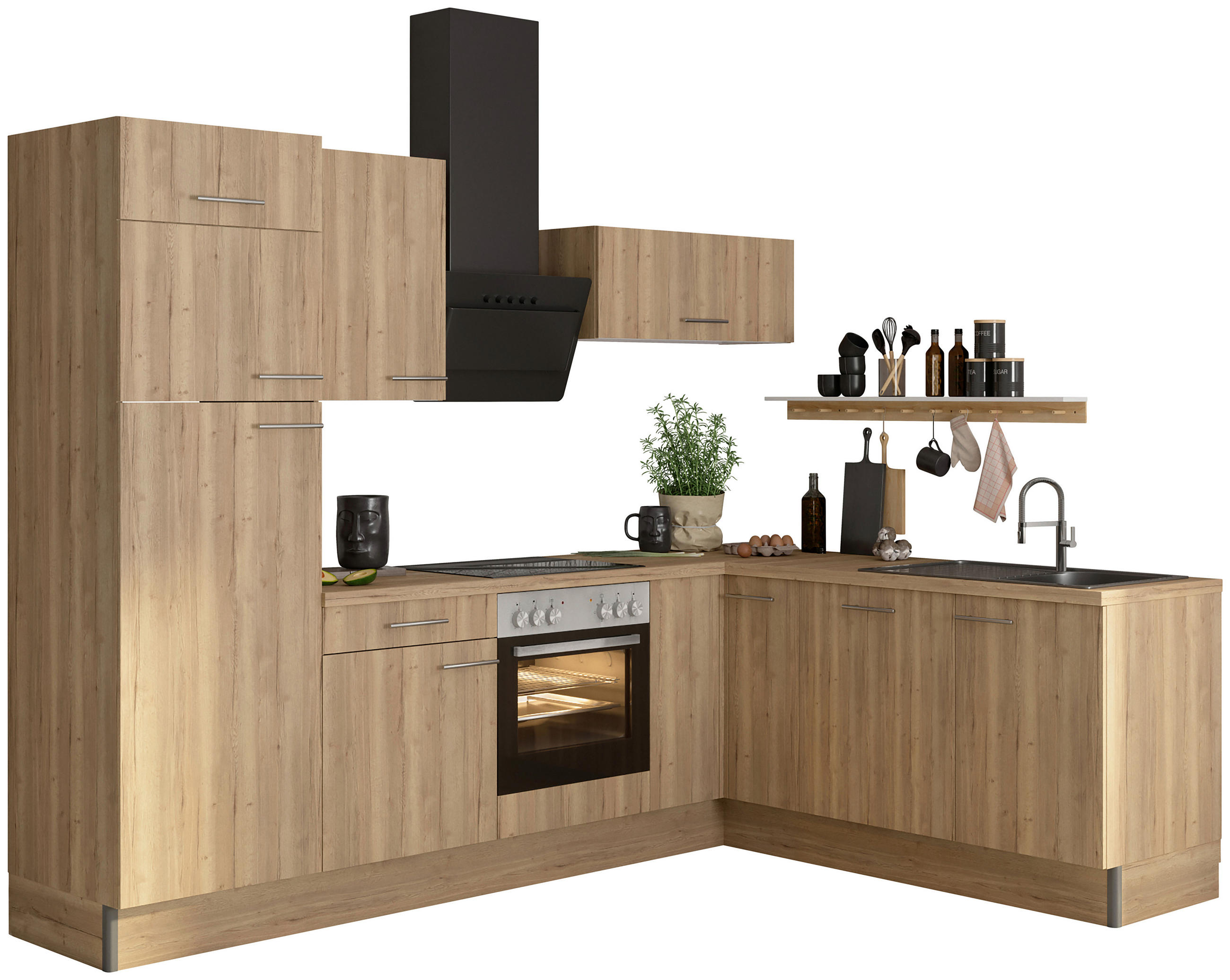 ECKKÜCHE 270/200 cm  in Eichefarben  - Edelstahlfarben/Eichefarben, Basics, Holzwerkstoff/Metall (270/200cm) - Optifit