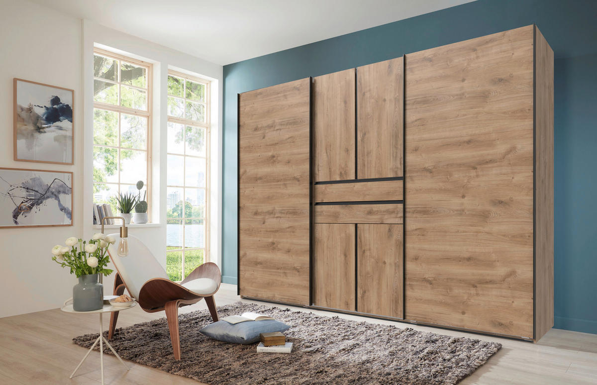 KLEIDERSCHRANK 300/216/65 cm,  in Plankeneiche, 6-türig  - Plankeneiche/Schwarz, Design, Holzwerkstoff/Metall (300/216/65cm) - Stylife