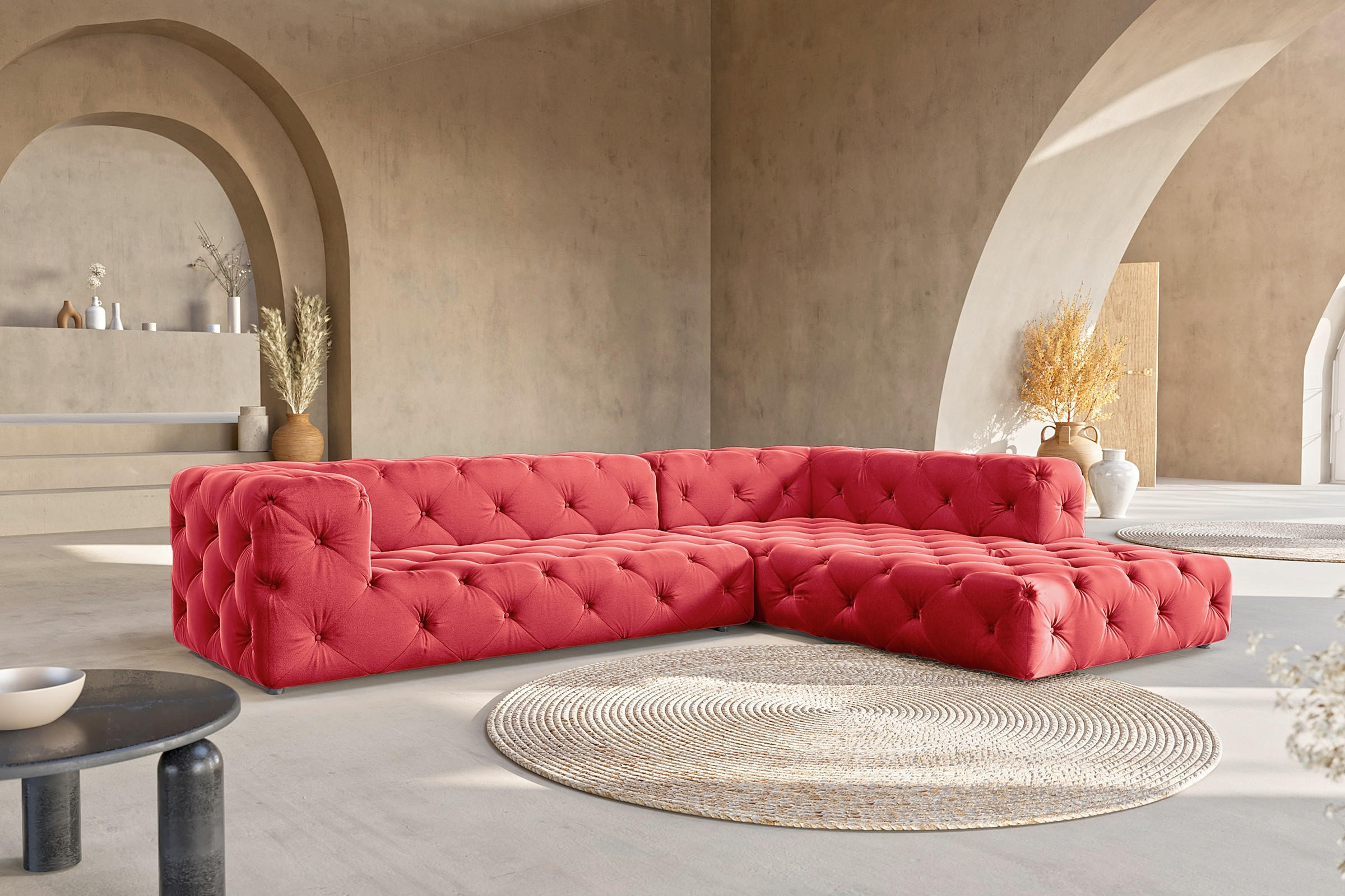 ECKSOFA Fresco Rot Samt  - Rot/Schwarz, Design, Kunststoff/Textil (325/228cm) - P & B