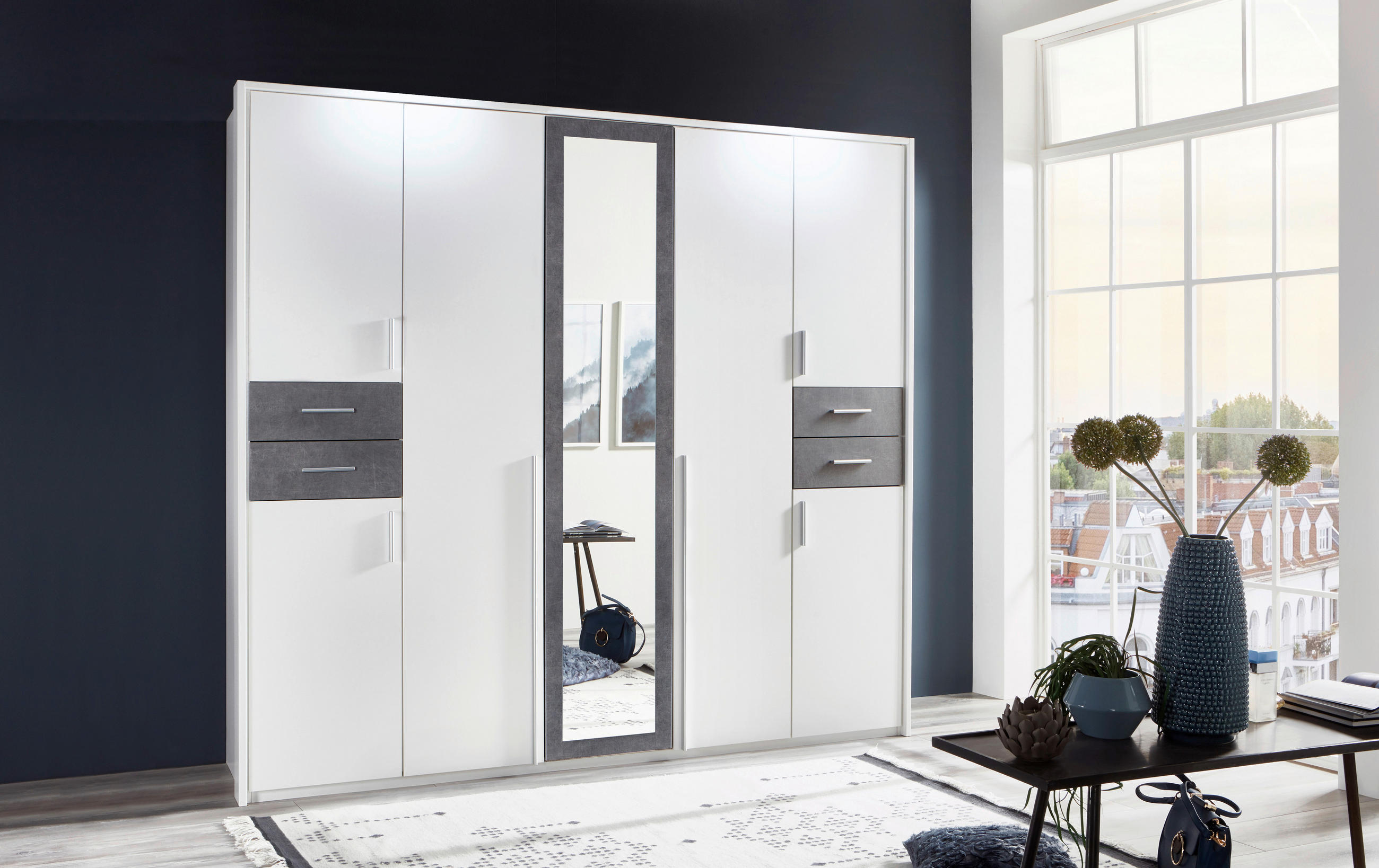 KLEIDERSCHRANK 7-türig Grau, Weiß - Silberfarben/Weiß, Basics, Holzwerkstoff/Kunststoff (225/208/58cm) - MID.YOU