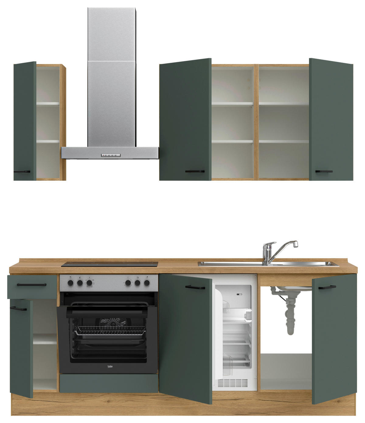 KÜCHENBLOCK Easytouch 210 cm  in Eichefarben, Dunkelgrün  - Dunkelgrün/Eichefarben, MODERN, Holzwerkstoff/Metall (210cm) - Nobilia