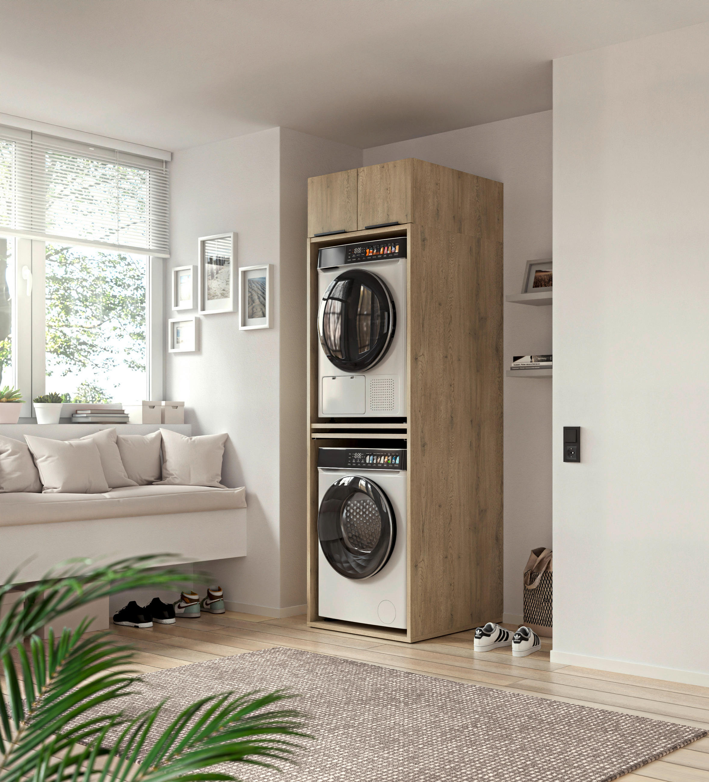 WASCHMASCHINENSCHRANK 70/220/68 cm in Eichefarben - Eichefarben/Schwarz, Basics, Holzwerkstoff/Kunststoff (70/220/68cm) - MID.YOU
