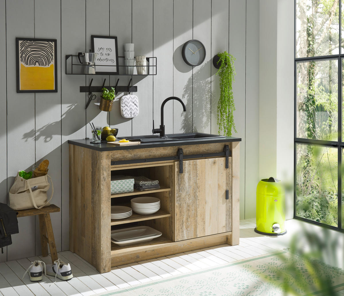 SPÜLENUNTERSCHRANK 133/93/64 cm  in Anthrazit, Naturfarben  - Anthrazit/Schwarz, Trend, Holzwerkstoff/Metall (133/93/64cm) - MID.YOU