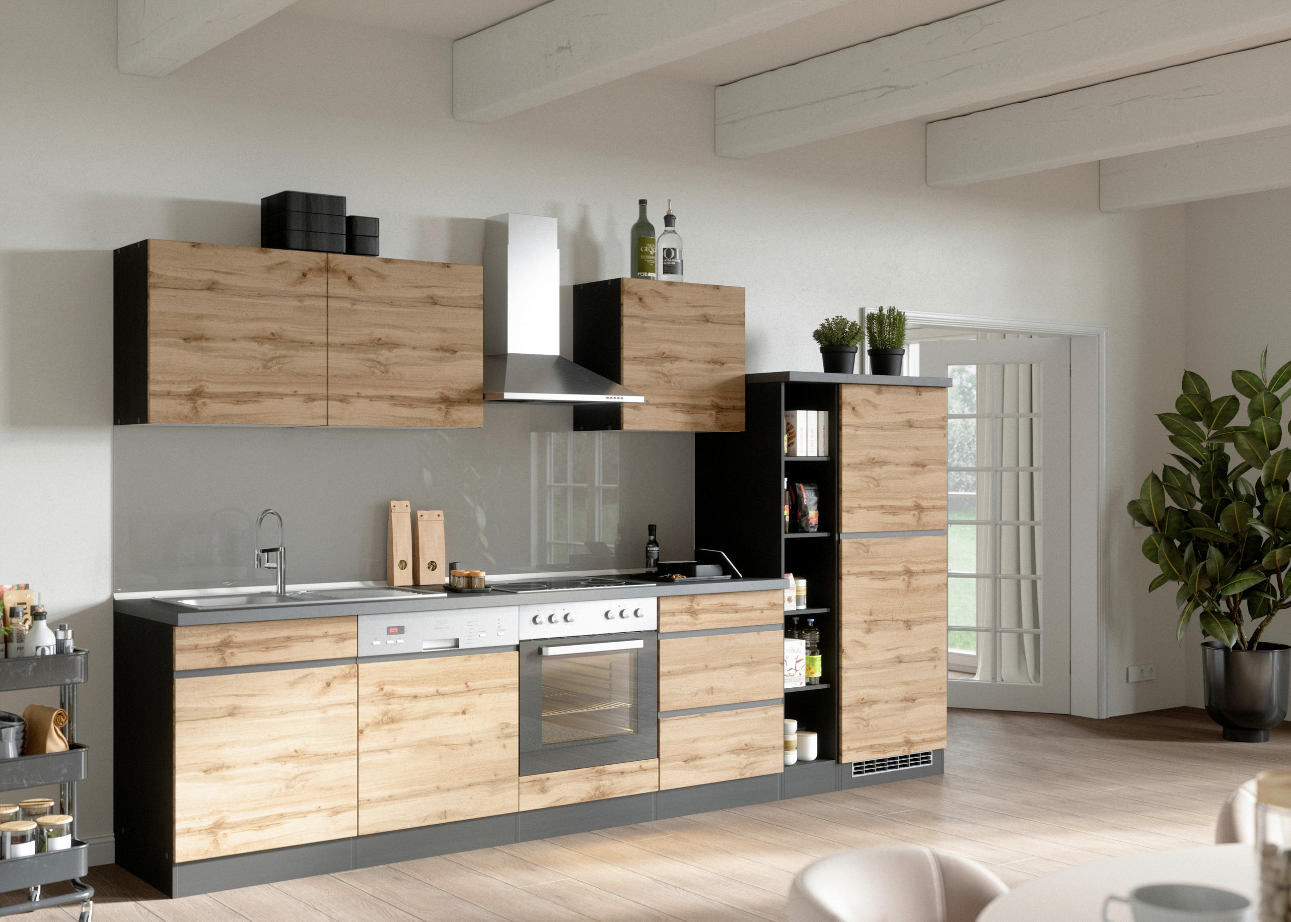 KÜCHENBLOCK 330 cm   in Graphitfarben, Eiche Wotan  - Eiche Wotan/Graphitfarben, Design, Holzwerkstoff (330cm) - Held