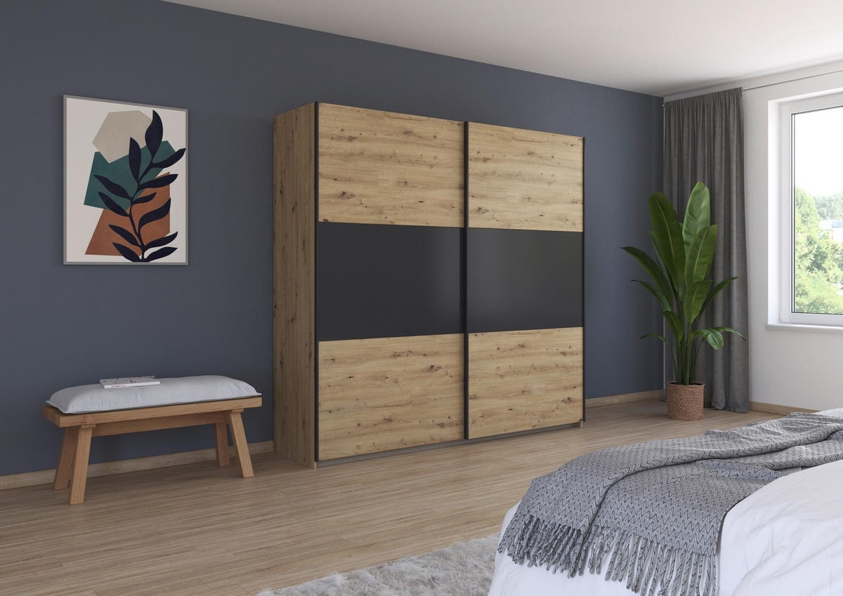 SCHWEBETÜRENSCHRANK in Grau, Alufarben, Eiche Artisan  - Alufarben/Eiche Artisan, Modern, Holzwerkstoff/Metall (218/210/59cm) - Rauch Möbel