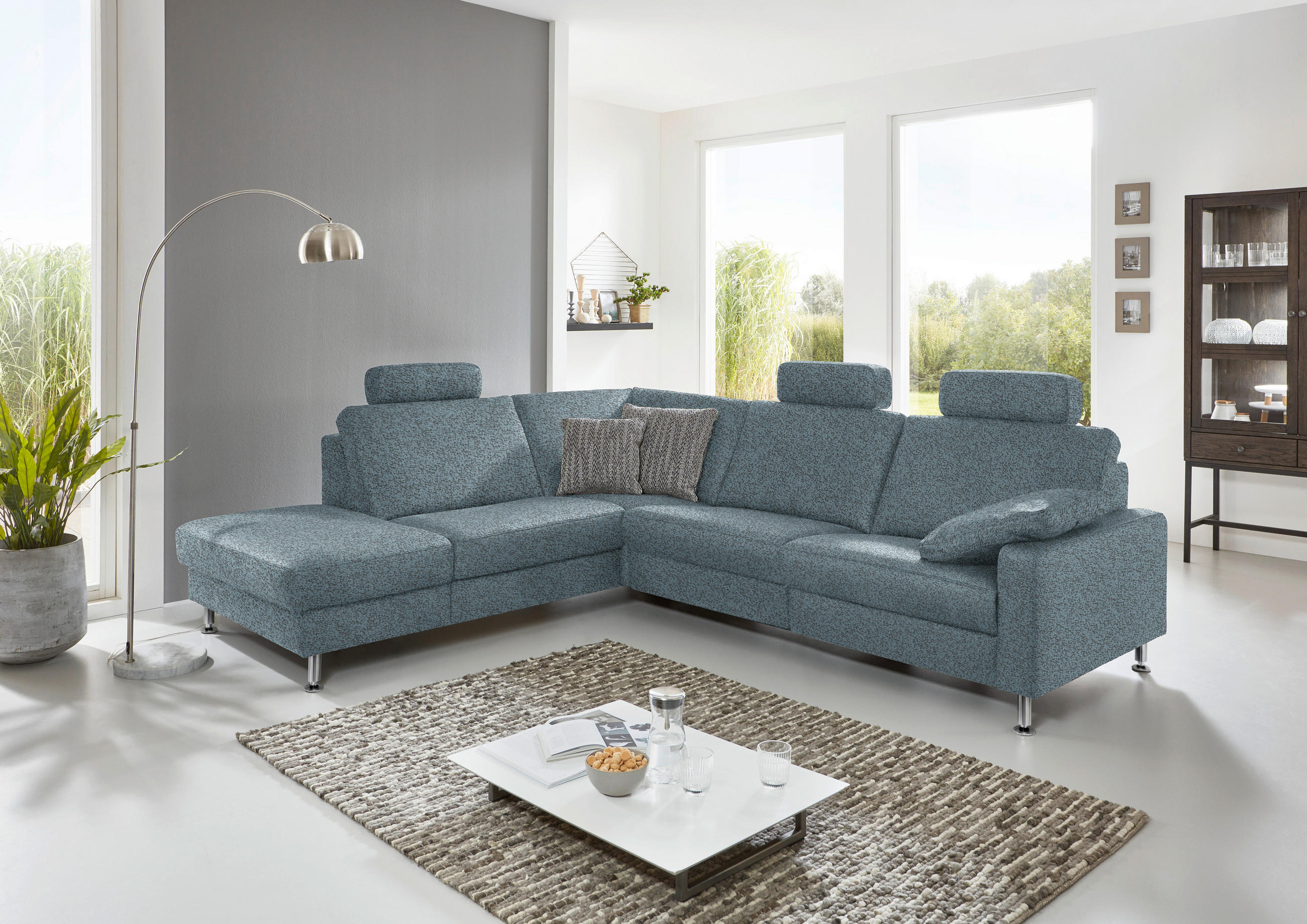 ECKSOFA in Mikrofaser Blau  - Blau/Alufarben, Design, Textil/Metall (242/275cm) - Dieter Knoll