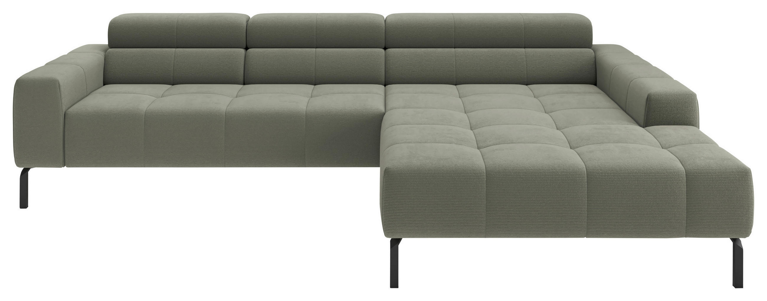 ECKSOFA Graugrün Feincord Rücken echt, Kopfteilverstellung, Sitztiefenverstellung  - Schwarz/Graugrün, KONVENTIONELL, Textil/Metall (293/226cm) - Hom`in