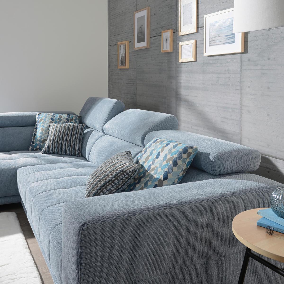 ECKSOFA Hellblau Mikrofaser  - Chromfarben/Hellblau, Design, Textil/Metall (207/301cm) - Xora