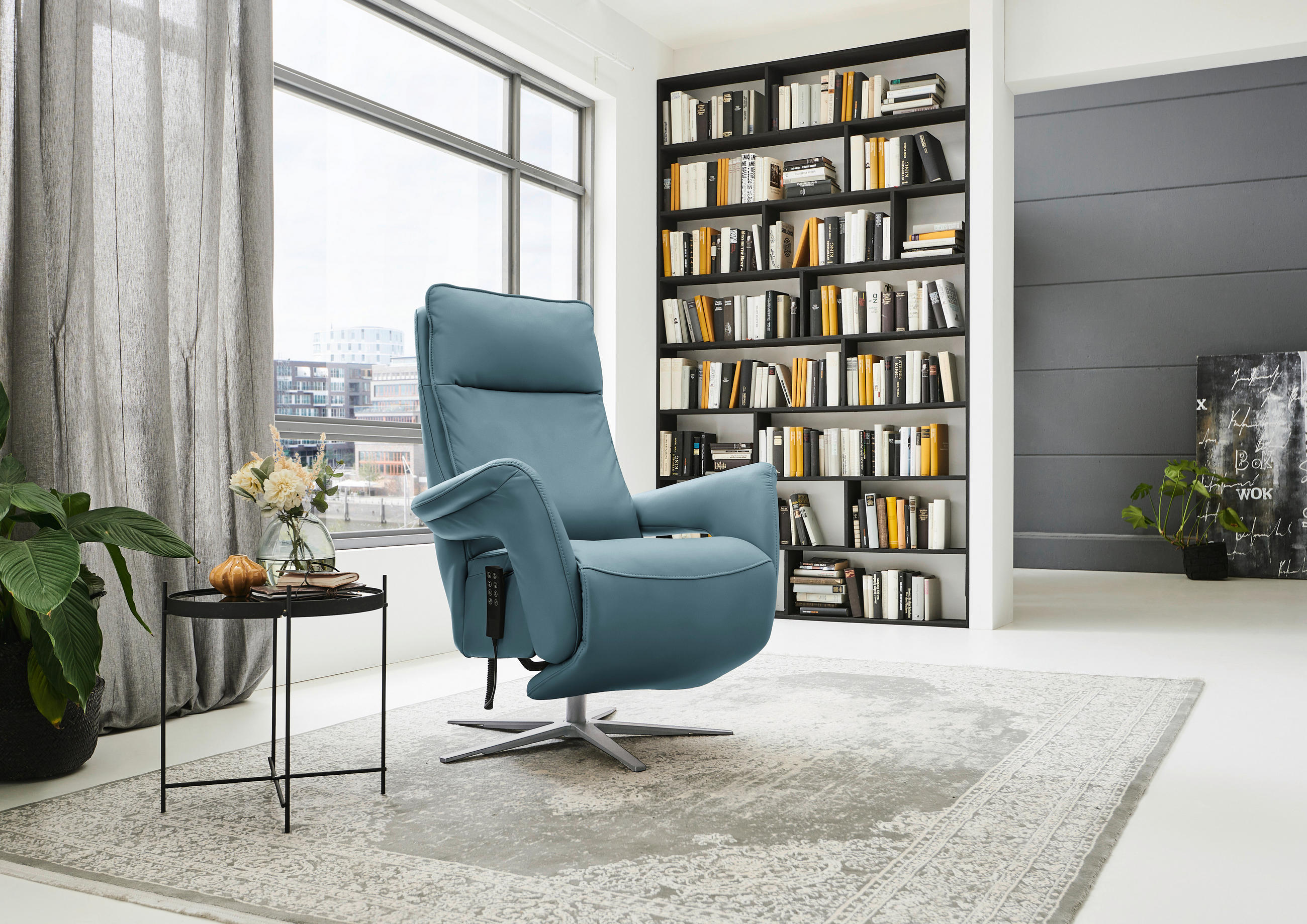 RELAXSESSEL in Leder Blau  - Blau/Edelstahlfarben, Design, Leder/Metall (79-83/116/87-176cm) - Valdera