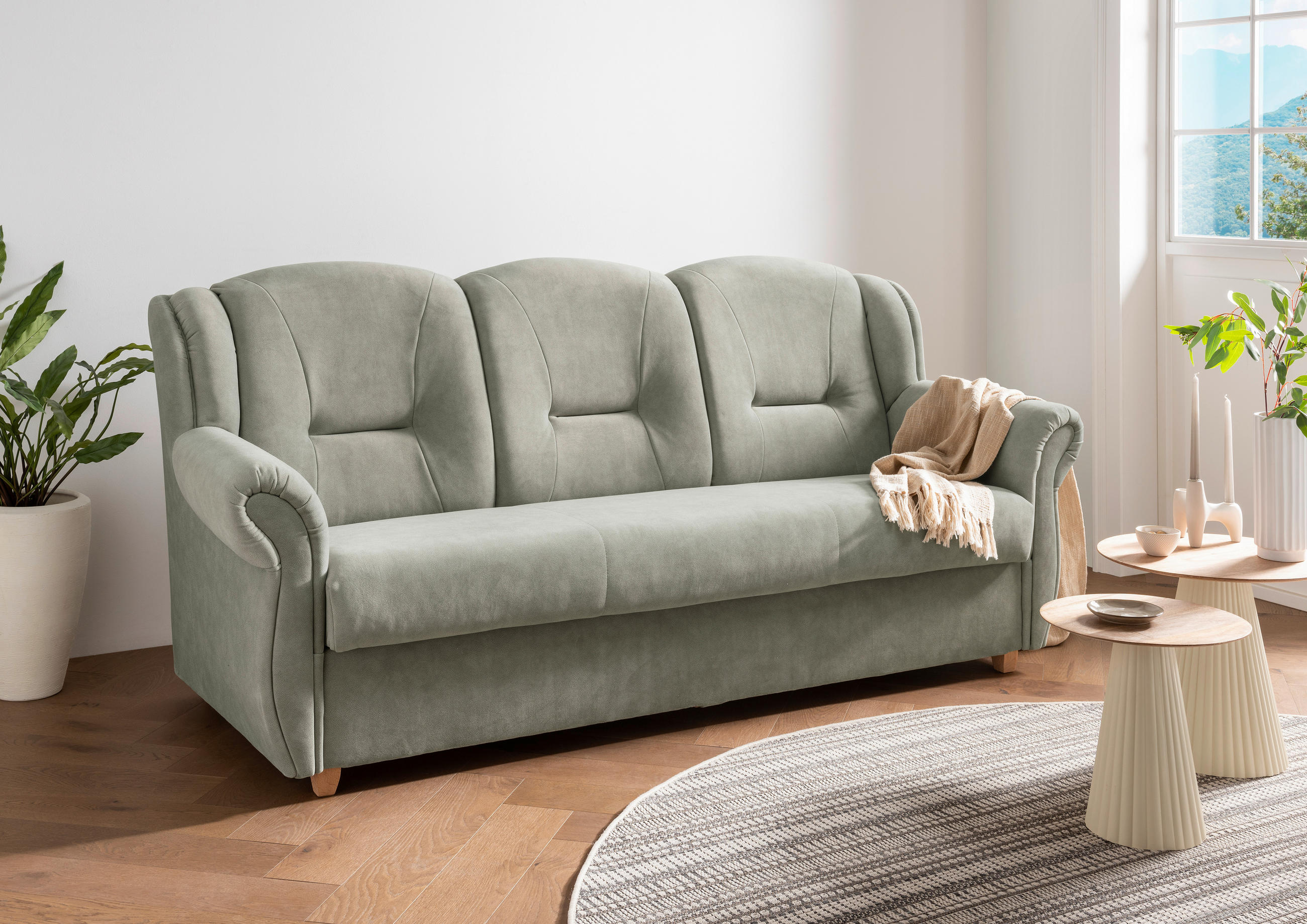 3-SITZER-SOFA Mikrofaser Grün  - Wildeiche/Grün, Konventionell, Holz/Textil (220/98/90cm) - Livetastic