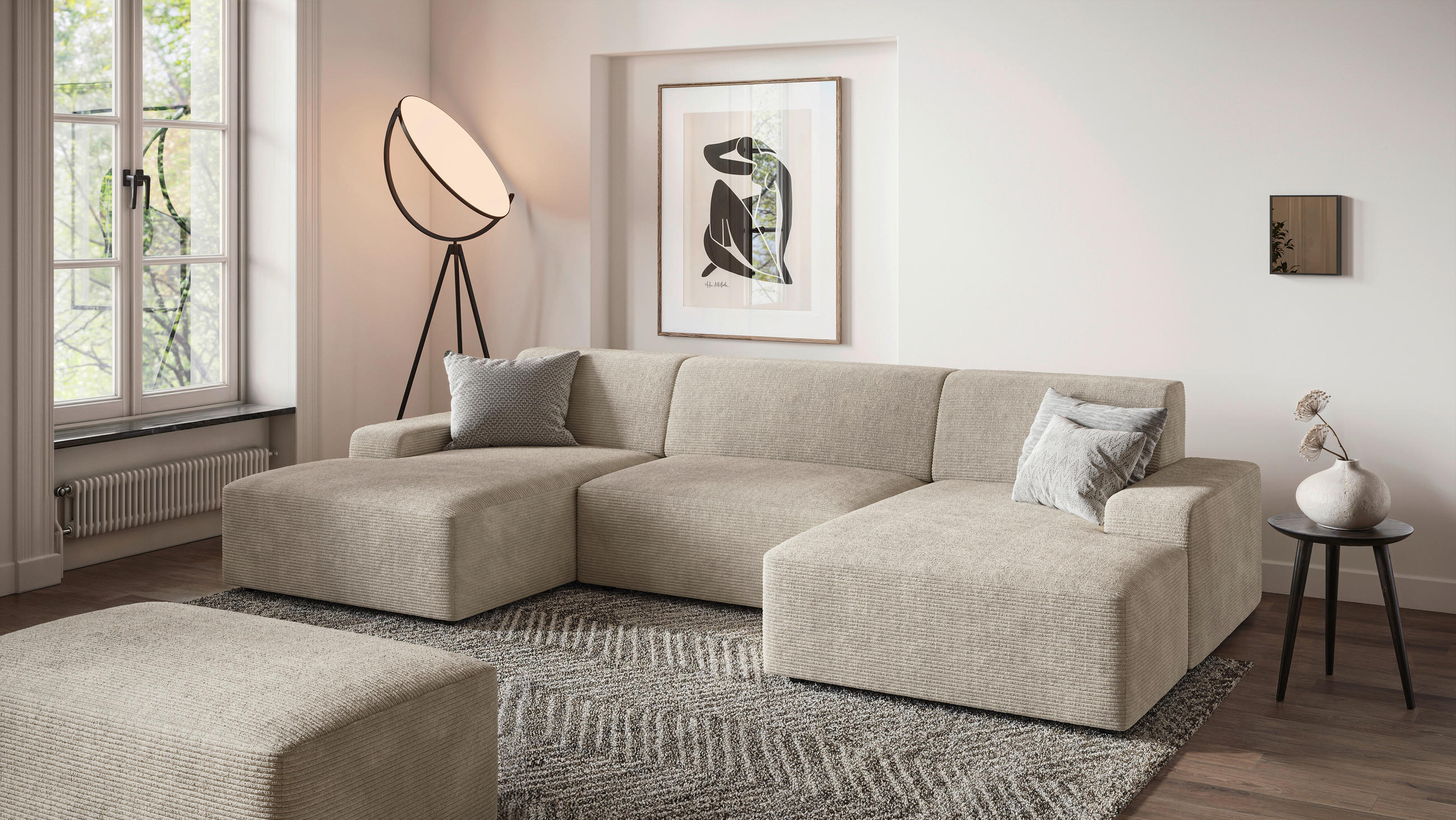 HOCKER in Textil Creme - Creme/Schwarz, Modern, Kunststoff/Textil (112/44/66cm) - Trendmanufaktur