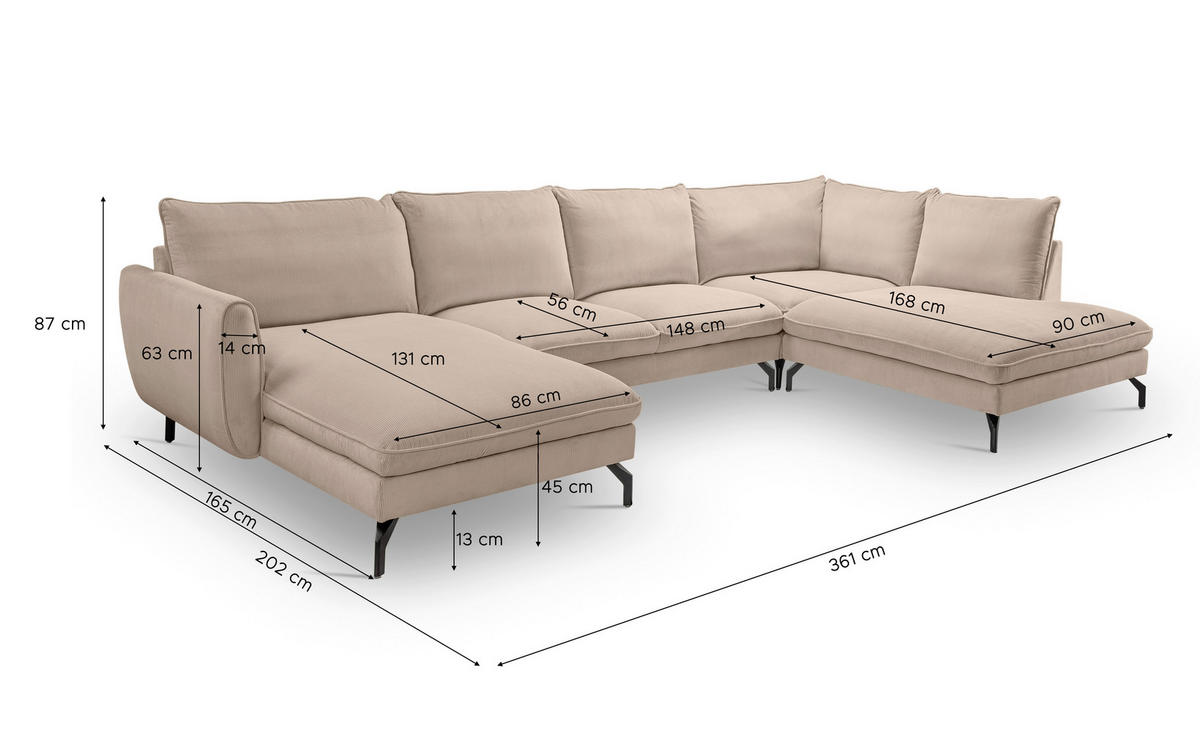 ECKSOFA TORONTO Beige Cord  - Beige/Schwarz, Basics, Textil/Metall (202cm) - MID.YOU