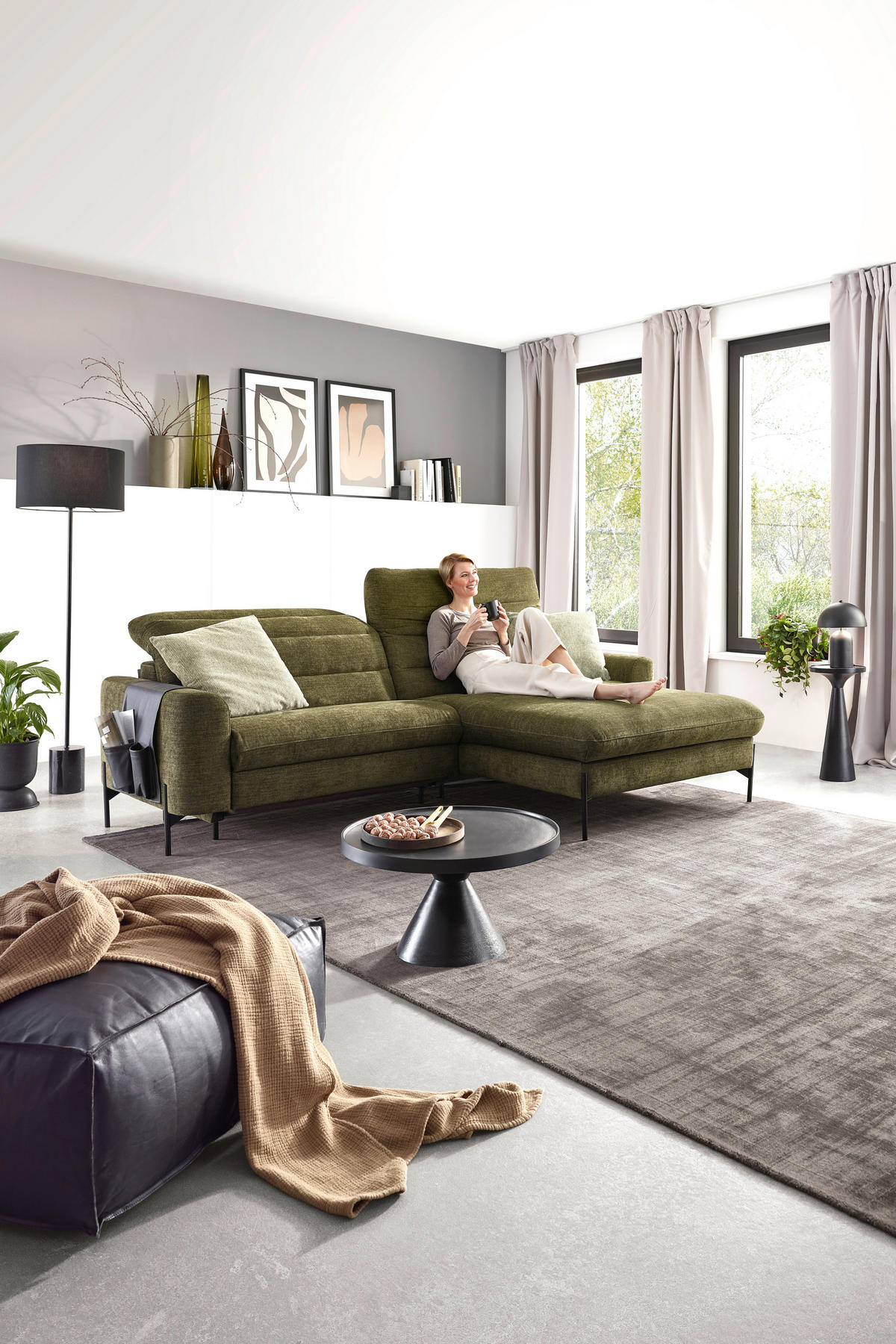 ECKSOFA in Flachgewebe Olivgrün  - Schwarz/Olivgrün, Design, Textil/Metall (252/191cm) - Dieter Knoll