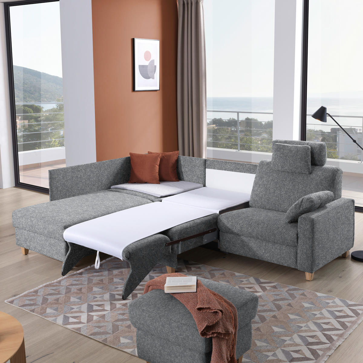 ECKSOFA  in Mikrovelours Grau  203/261 cm  - Eichefarben/Grau, KONVENTIONELL, Holz/Textil (203/261cm) - Sedda