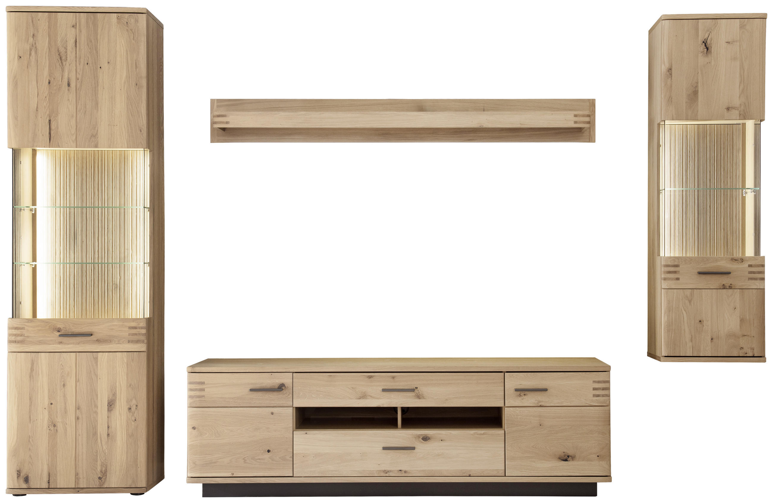 WOHNWAND Balkeneiche furniert, massiv Eichefarben Einlegeböden - Eichefarben/Anthrazit, Design, Glas/Holz (305/208/50cm) - Livetastic