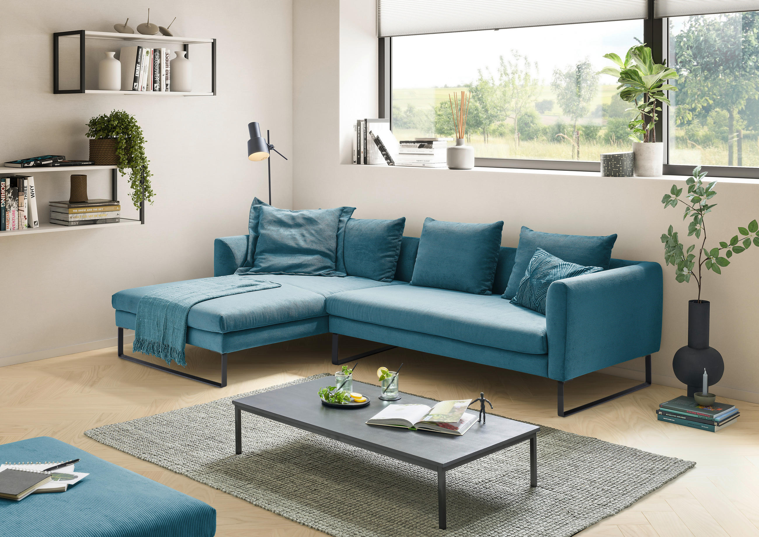 ECKSOFA in Cord Petrol  - Petrol/Schwarz, Konventionell, Textil/Metall (178/284cm) - Hom`in