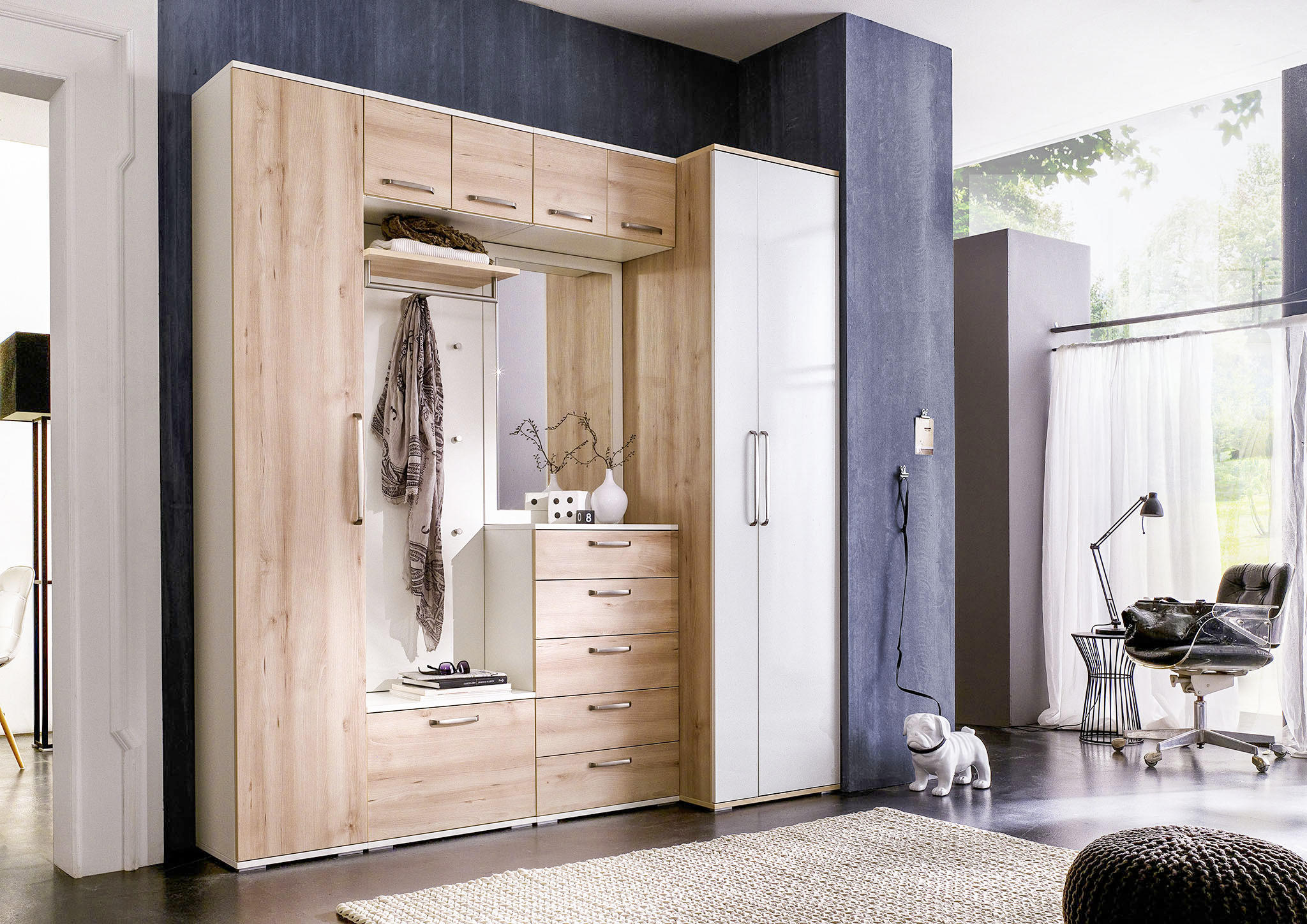 GARDEROBE 8-teilig  in 221/233/56 cm  - Buchefarben/Weiß, Design, Holzwerkstoff (221/233/56cm) - Moderano