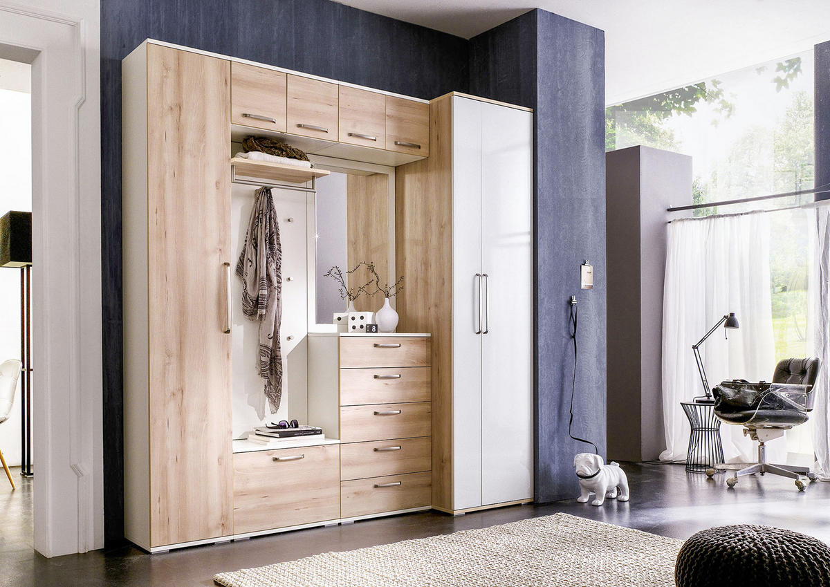 GARDEROBE 8-teilig  in 221/233/56 cm  - Buchefarben/Weiß, Design, Holzwerkstoff (221/233/56cm) - Moderano