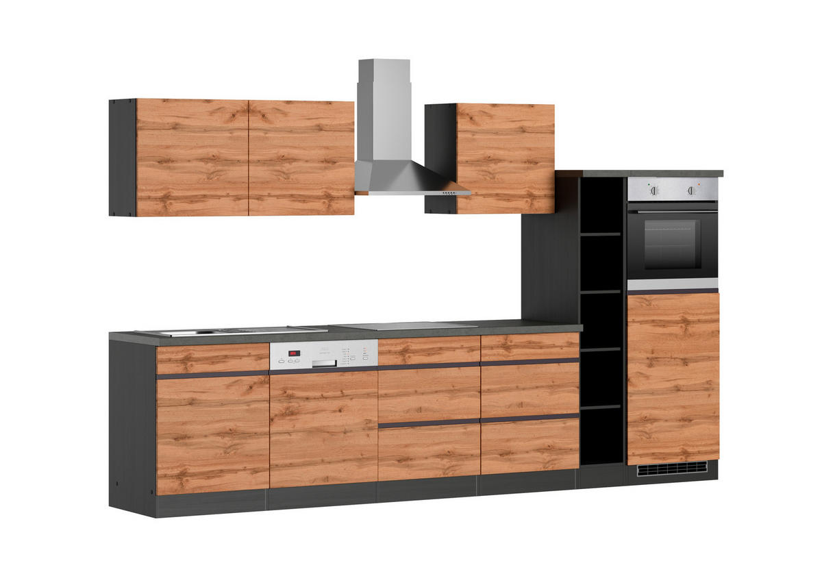 KÜCHENBLOCK 330 cm   in Graphitfarben, Eiche Wotan  - Eiche Wotan/Graphitfarben, Design, Holzwerkstoff (330cm) - Held