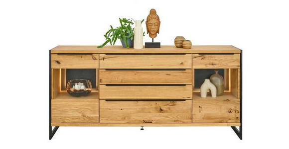 SIDEBOARD furniert, massiv Schwarz, Eichefarben  - Eichefarben/Schwarz, Natur, Glas/Holz (180,4/85/42cm) - Linea Natura