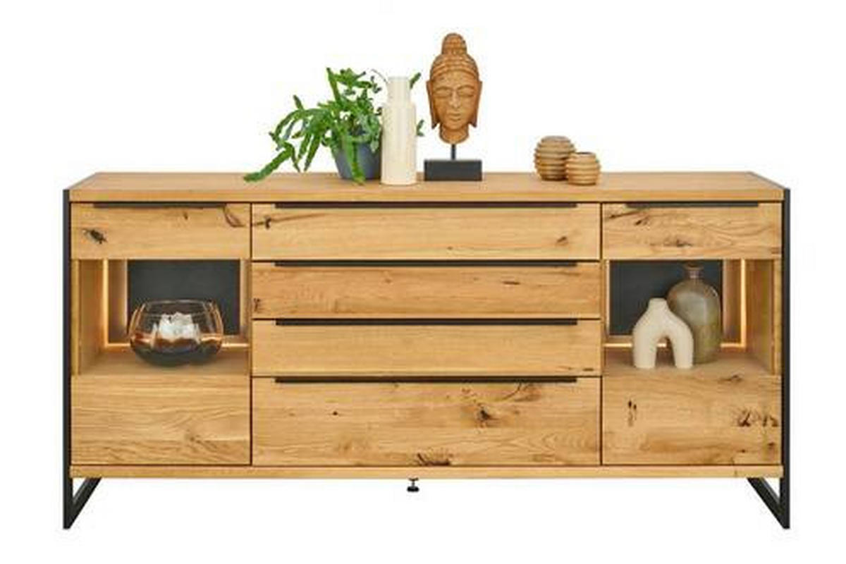 SIDEBOARD Schwarz, Eichefarben  180,4/85/42 cm  - Eichefarben/Schwarz, Natur, Glas/Holz (180,4/85/42cm) - Linea Natura