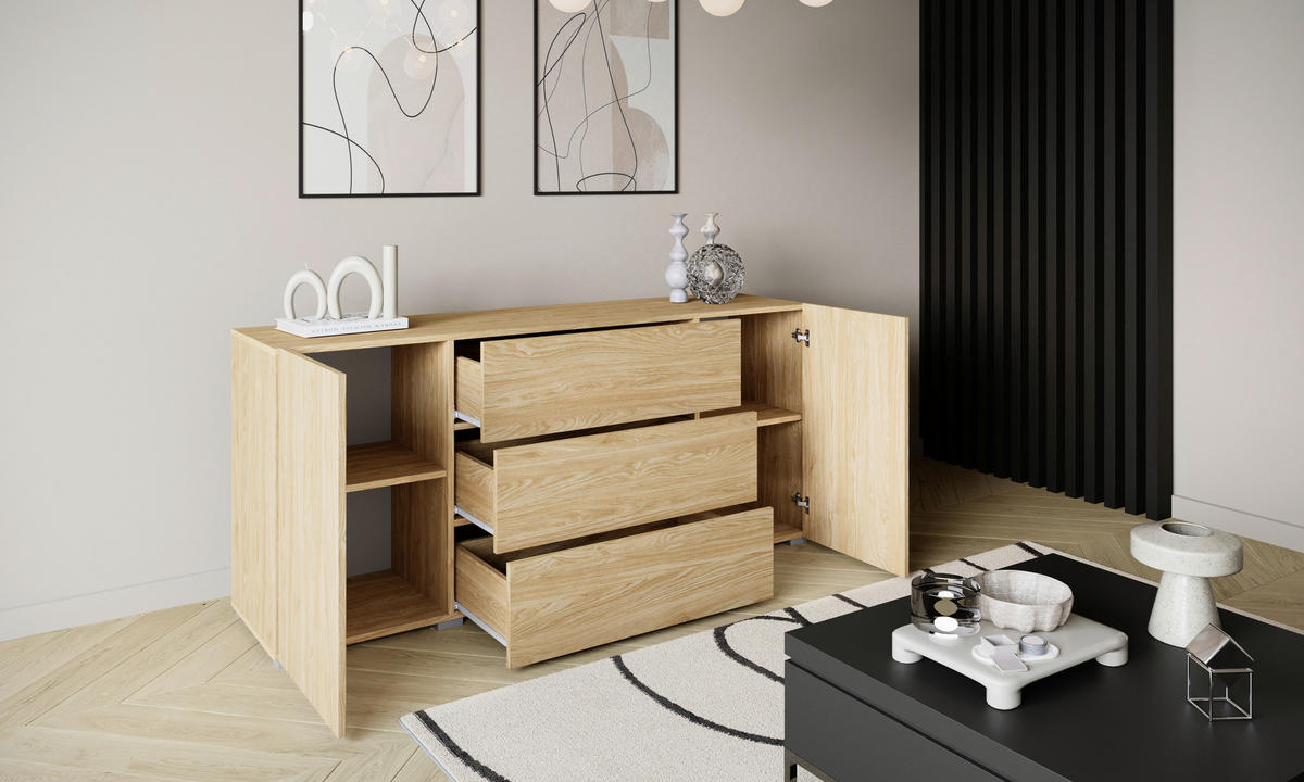 SIDEBOARD Berlin 150/68/38,5 cm 3 låda(or)  - grå/ekfärgad, Design, trämaterial/plast (150/68/38,5cm) - P & B