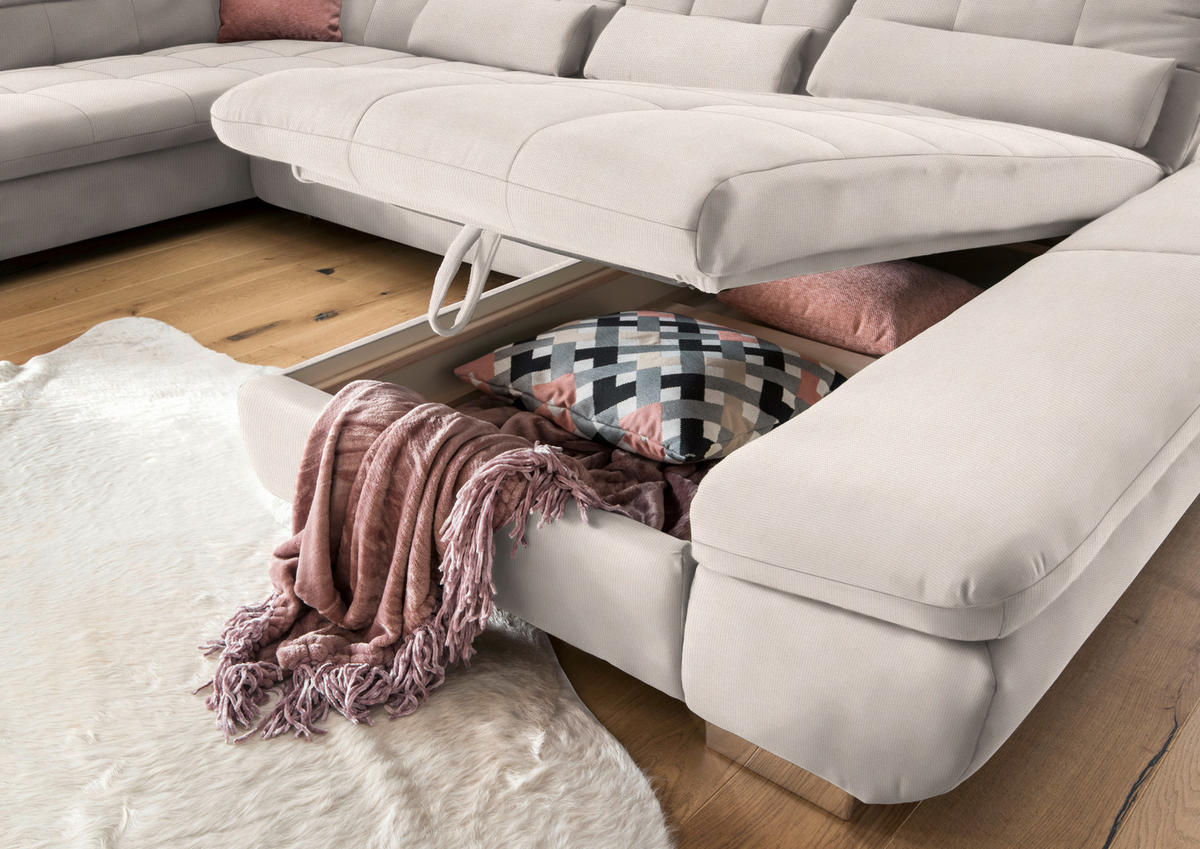 WOHNLANDSCHAFT in Mikrofaser Ecru  - Chromfarben/Ecru, Design, Kunststoff/Textil (211/350/204cm) - Xora