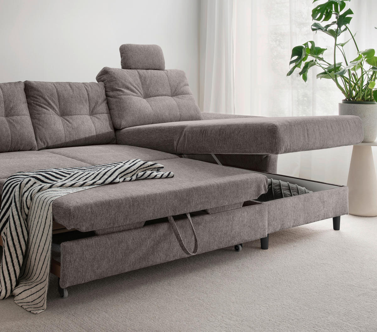 WOHNLANDSCHAFT in Chenille Graubraun  - Graubraun/Schwarz, Modern, Holz/Textil (206/338/176cm) - Livetastic