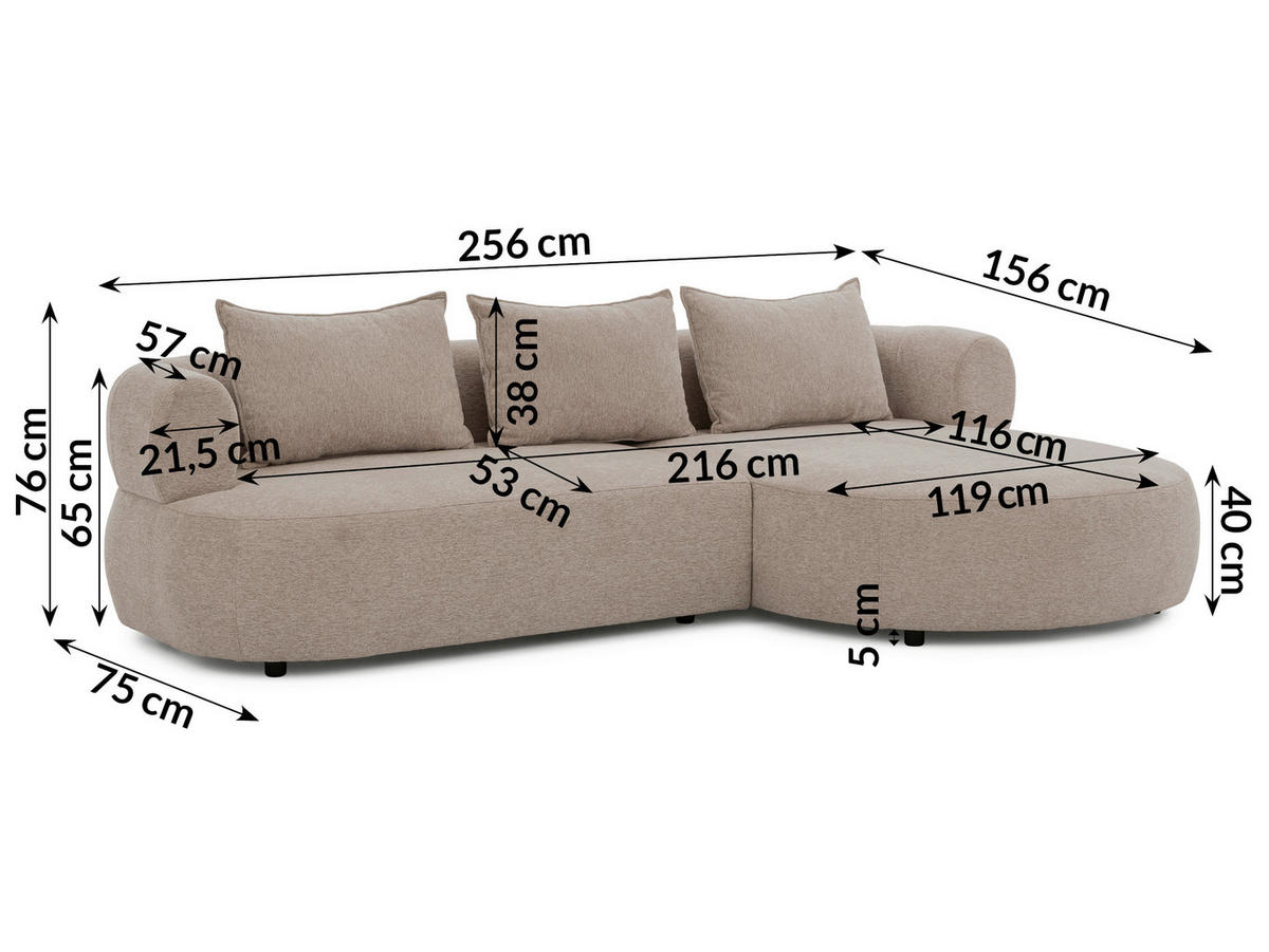 ECKSOFA in Chenille Hellbraun  256/156 cm  - Hellbraun/Schwarz, Design, Kunststoff/Textil (256/156cm) - Livetastic