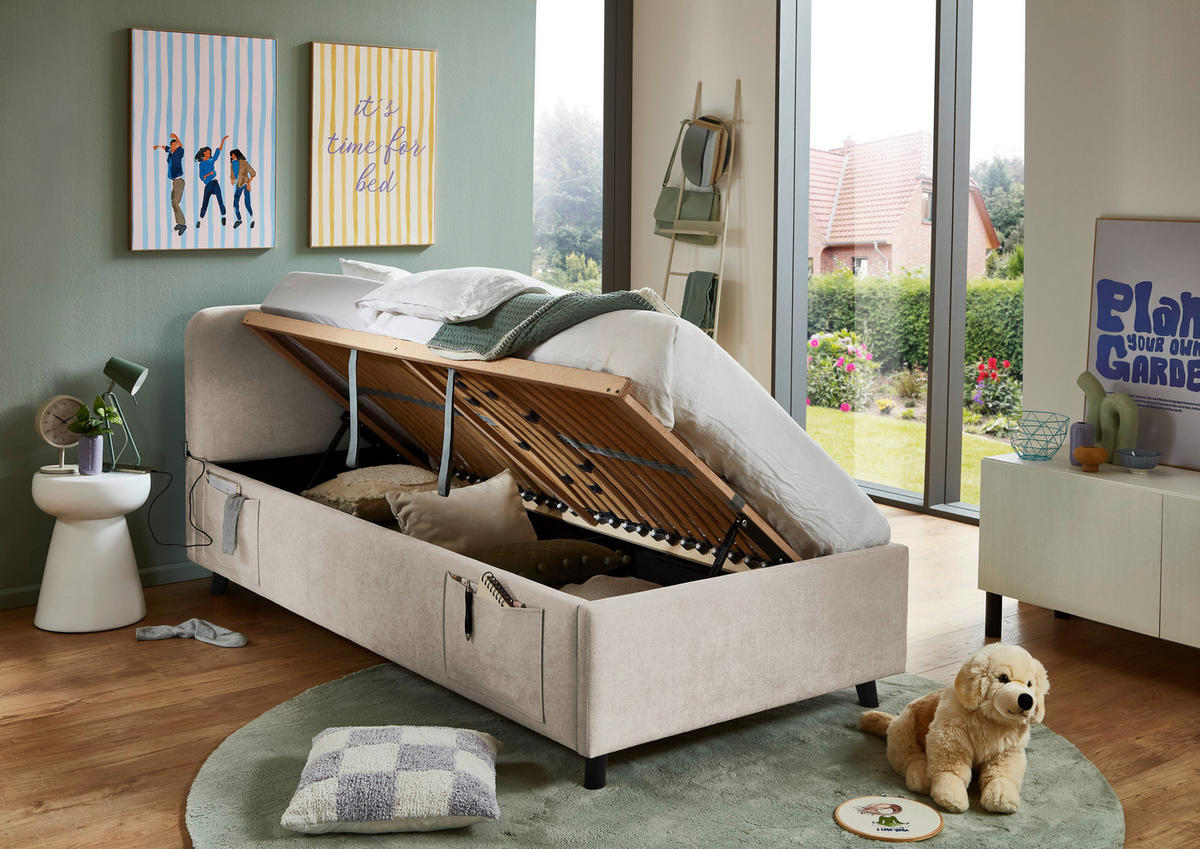 POLSTERBETT 90/200 cm,  in Schwarz, Beige, Lattenrost, Bettkasten, Betttasche,  - Birkefarben/Beige, KONVENTIONELL, Holz/Textil (90/200cm) - Boxxx