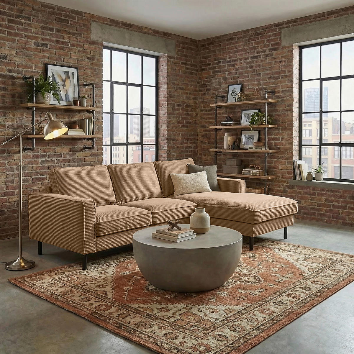 ECKSOFA Hellbraun Cord Bettkasten, Schlaffunktion, Rücken echt  - Hellbraun/Schwarz, Design, Textil/Metall (238/166cm) - Livetastic