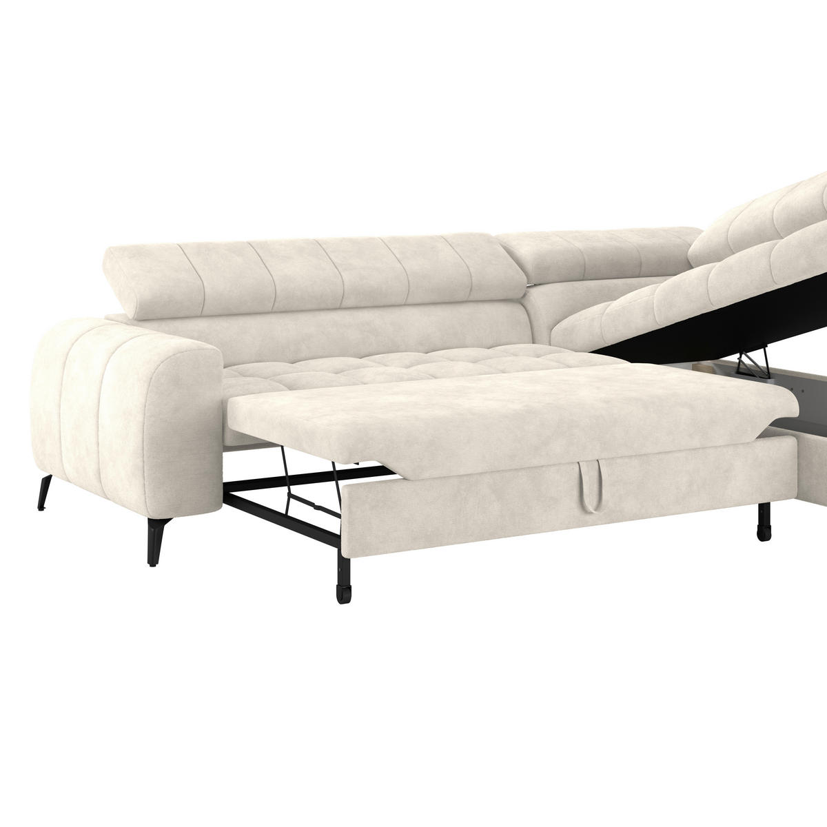 ECKSOFA Creme Bettkasten, Rücken echt, Kopfteilverstellung  - Creme/Schwarz, Trend, Kunststoff/Textil (261/203cm) - Livetastic
