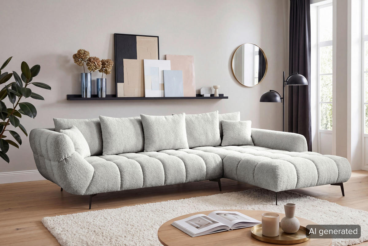ECKSOFA 318/217 cm  in Bouclé Elfenbein Zierkissen, Rückenkissen, Rücken echt  318/217 cm  - Elfenbein/Schwarz, MODERN, Textil/Metall (318/217cm) - Carryhome